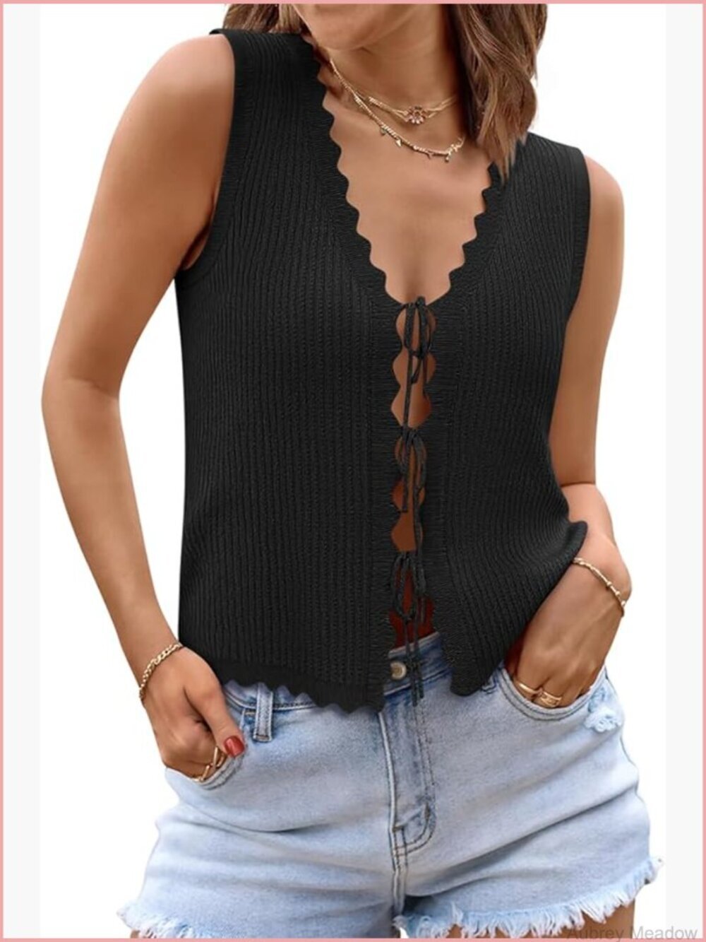 Sleeveless Tie Front Crochet Vest Sweater Top